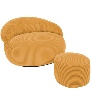 Pouf XXL Déhoussable En Velours Côtelé 110x100 Cm + Repose-pieds Jaune