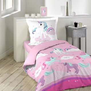 Pack Parure De Couette Enfant 140x200 Cm Licorne + Drap Housse 90x190 Blanc