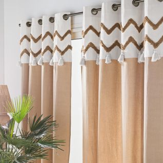Lot De 2 Rideaux à Oeillets 140 X 240 Cm – Coton Avec Bandeau Tufté Et Pompons Azari