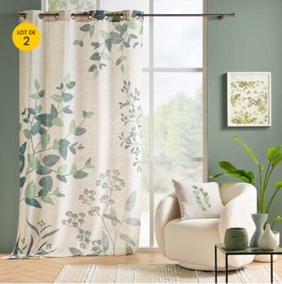 Lot De 2 Rideaux Tamisants 140 X 260 Cm – Oeillets – Polyester/lin – Motif Végétal Vert