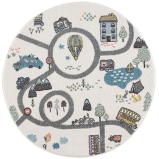 Tapis De Jeu Rond Pour Chambre D'enfant Blanc Motif Route De L'école 120x120cm