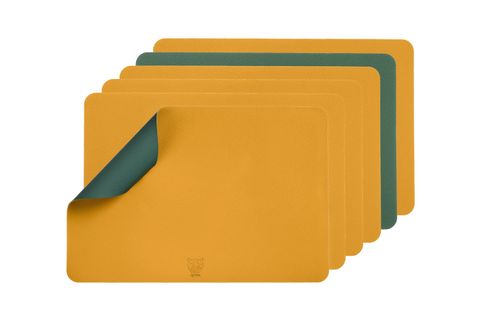 Set De Table Rectangulaire Réversible - 6 Pièces - Cuir Recyclé Jaune Moutarde Et Vert Sapin