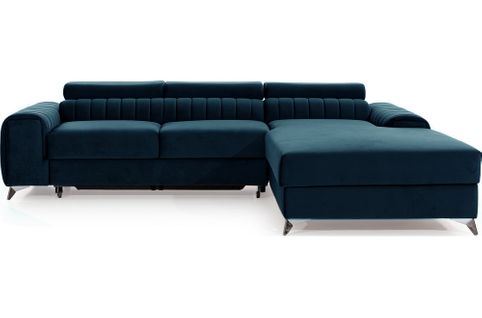 Canapé D'angle Convertible  Grece Velours Luxe Bleu, 5 Places, Angle Droit