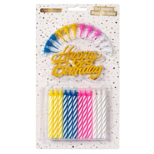 Set De Bougies D’anniversaire Complet – 12 Bougies Colorées Avec Socles Et Support Happy Birthday –