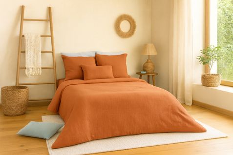 Parure De Lit Uni 2 Personnes Gaze De Coton, Camel, 240x220cm