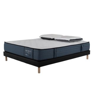 Ensemble Sky Blue - 160x200 - 2 Oreillers Visco 60x60 - Mémoire - 19cm - Sommier Tap. Simili Noir
