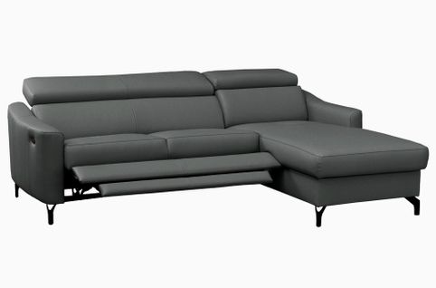 Canapé D'angle Relax Cuir Luxe Italien, Relax Électrique Et Coffre, Ambert, Gris Foncé, Angle Droit