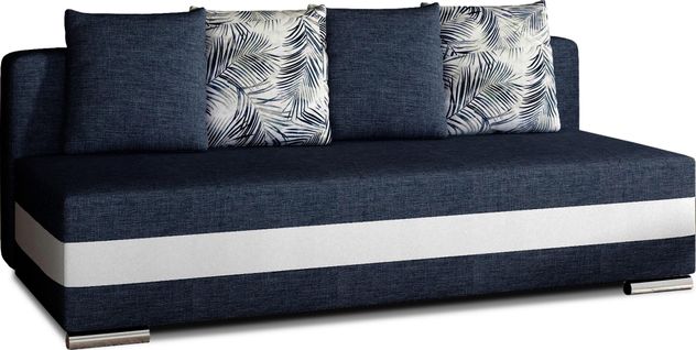 Canapé 3 Places Convertible Tissu Bleu Foncé Et Simili Blanc, Coffre, Calin