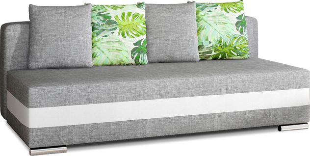 Canapé 3 Places Convertible Tissu Gris Et Simili Blanc, Coffre, Calin