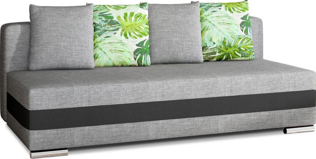 Canapé 3 Places Convertible Tissu Gris Et Simili Noir, Coffre, Calin