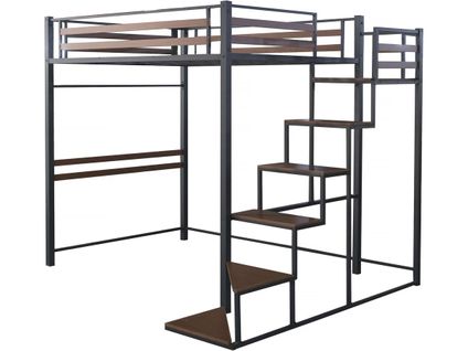 Lit Mezzanine En Métal Avec Escalier "lena" - 140 X 190 Cm - Noir Et Marron Noyer