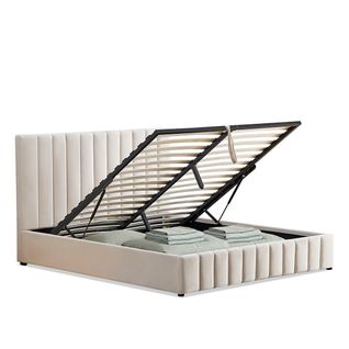 Lit Coffre Velours Côtelé Beige Trocadero 140x190 Cm