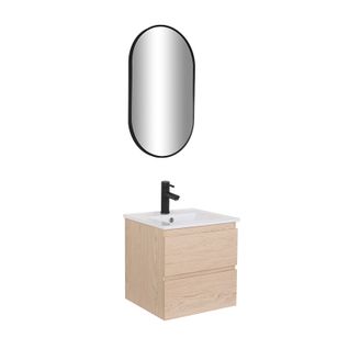 Meuble Simple Vasque 45cm Décor Chêne Sorrento + Vasque + Robinet Noir +miroir