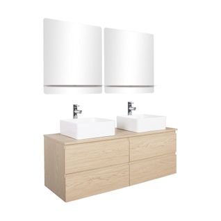 Meuble Double Vasque 120cm Avec Plan Bois Sorrento Blanc+vasque+robinet+miroir