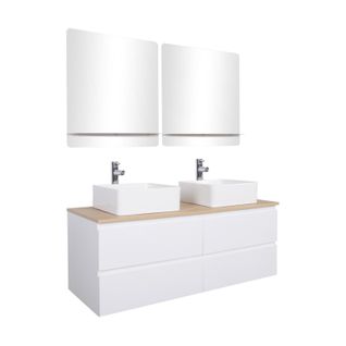 Meuble Double Vasque 120cm Avec Plan Bois Sorrento Blanc+vasque+robinet+miroir
