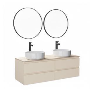 Meuble Double Vasque 120cm Avec Plan Bois Sorrento Blanc+vasque+robinet+miroir