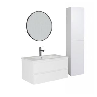 Meuble Simple Vasque 80cm Décor Chêne Sorrento+robinet Noir+miroir+colonne