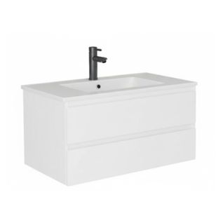 Meuble Simple Vasque 80cm Décor Chêne Sorrento + Vasque + Robinet Noir