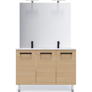 Meuble De Salle De Bain Double Vasque 120cm 3 Portes Chêne + Miroir - Chelsea