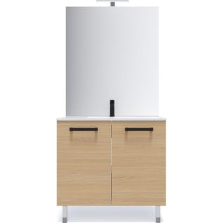 Meuble De Salle De Bain Vasque Intégrée 90cm 2 Portes Chêne + Miroir - Chelsea