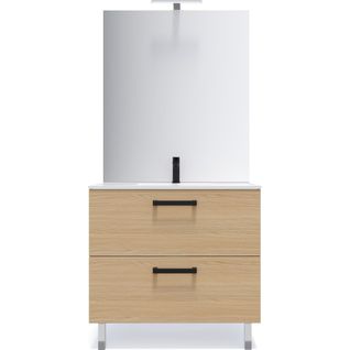 Meuble De Salle De Bain Vasque Intégrée 90cm 2 Tiroirs Chêne + Miroir - Chelsea