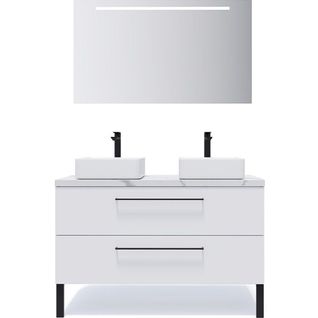 Meuble De Salle De Bain 2 Vasques Posées 120cm 2 Tiroirs Blanc + Miroir - Glasgow