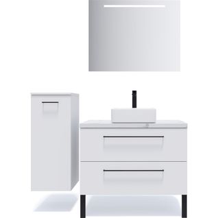 Ensemble Salle De Bain Vasque Posée 90cm 2 Tiroirs Blanc + Miroir + Colonne Gauche - Glasgow
