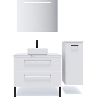 Ensemble Salle De Bain Vasque Posée 90cm 2 Tiroirs Blanc + Miroir + Colonne Droite - Glasgow