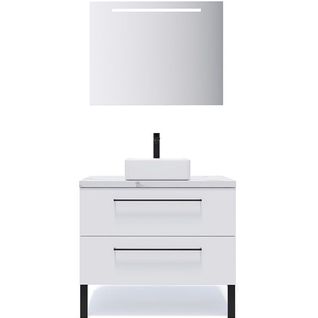 Meuble De Salle De Bain Vasque Posée 90cm 2 Tiroirs Blanc + Miroir - Glasgow