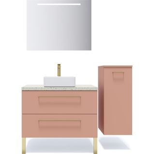 Ensemble Salle De Bain Vasque Posée 90cm 2 Tiroirs Abricot + Miroir + Colonne Droite - Glasgow