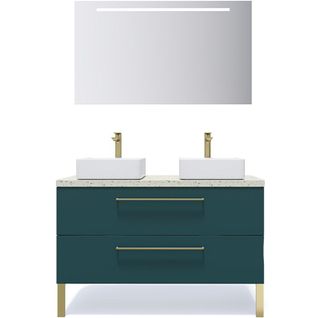 Meuble De Salle De Bain 2 Vasques Posées 120cm 2 Tiroirs Bleu + Miroir - Glasgow