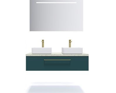 Meuble De Salle De Bain 2 Vasques Posées 120cm 1 Tiroir Bleu + Miroir - Glasgow