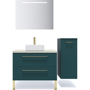 Ensemble Salle De Bain Vasque Posée 90cm 2 Tiroirs Bleu + Miroir + Colonne Droite - Glasgow