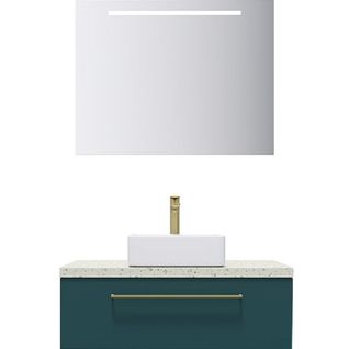 Meuble De Salle De Bain Vasque Posée 90cm 1 Tiroir Bleu + Miroir - Glasgow