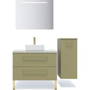 Ensemble Salle De Bain Vasque Posée 90cm 1 Tiroir Vert + Miroir + Colonne Droite - Glasgow