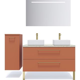 Ensemble Salle De Bain 2 Vasques Posées 120cm 2 Tiroirs Terracotta +miroir +colonne Gauche - Glasgow