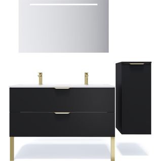 Ensemble Salle De Bain Double Vasque 120cm 2 Tiroirs Noir + Miroir + Colonne Droite - Venice