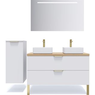 Ensemble Salle De Bain 2 Vasques Posées 120cm 2 Tiroirs Blanc + Miroir + Colonne Gauche - Venice