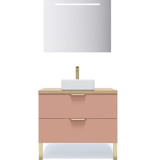 Meuble De Salle De Bain Vasque Posée 90cm 2 Tiroirs Abricot + Miroir - Venice