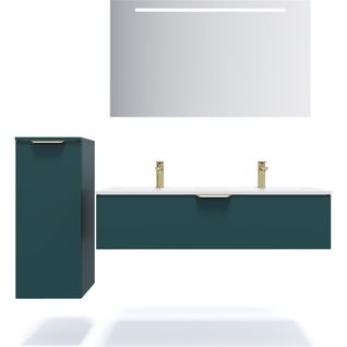 Ensemble Salle De Bain Double Vasque 120cm 1 Tiroir Bleu + Miroir + Colonne Gauche - Venice