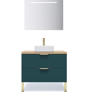 Meuble De Salle De Bain Vasque Posée 90cm 2 Tiroirs Bleu + Miroir - Venice