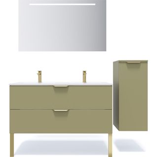 Ensemble Salle De Bain Double Vasque 120cm 2 Tiroirs Vert + Miroir + Colonne Droite - Venice