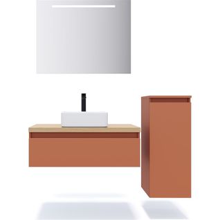 Ensemble Salle De Bain Vasque Posée 90cm 1 Tiroir Terracotta + Miroir + Colonne Droite - Hudson