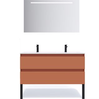 Meuble De Salle De Bain Double Vasque 120cm 2 Tiroirs Terracotta + Miroir - Hudson