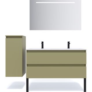 Ensemble Salle De Bain Double Vasque 120cm 2 Tiroirs Vert + Miroir + Colonne Gauche - Hudson