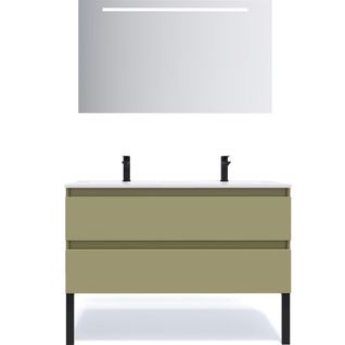 Meuble De Salle De Bain Double Vasque 120cm 2 Tiroirs Vert + Miroir - Hudson