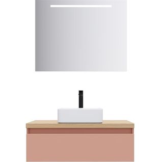 Meuble De Salle De Bain Vasque Posée 90cm 1 Tiroir Abricot + Miroir - Hudson