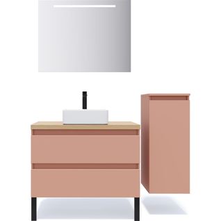 Ensemble Salle De Bain Vasque Posée 90cm 2 Tiroirs Abricot + Miroir + Colonne Droite - Hudson