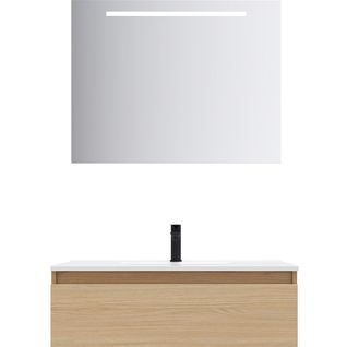 Meuble De Salle De Bain Vasque Intégrée 90cm 1 Tiroir Chêne + Miroir - Hudson