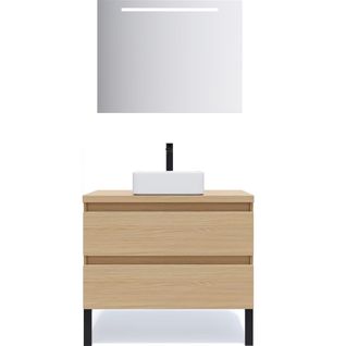 Meuble De Salle De Bain Vasque Posée 90cm 2 Tiroirs Chêne + Miroir - Hudson